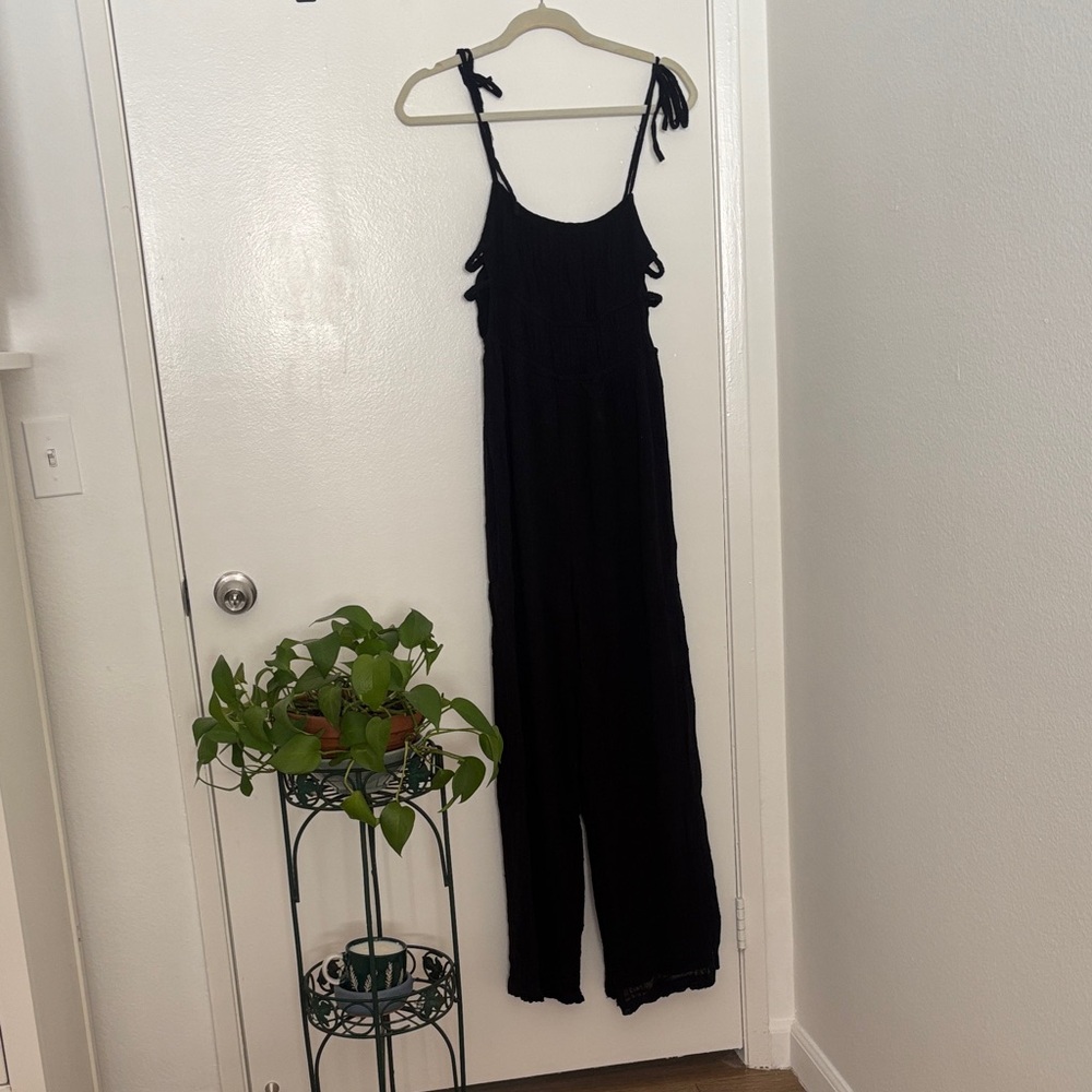 Urban Outfitters Black Tie-Shoulder Wide-Leg Jumpsuit